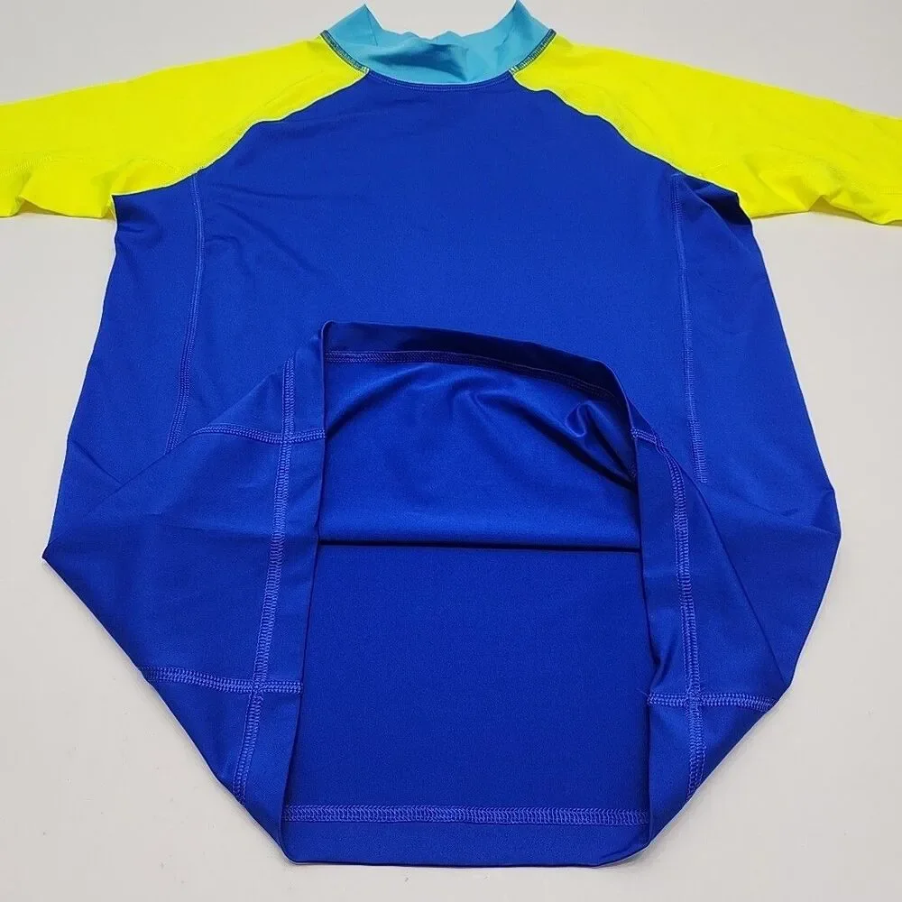Lands End Rash Guard Swim Shirt Blue Yellow Short Sleeve Boy Youth XL 14-16 Mock